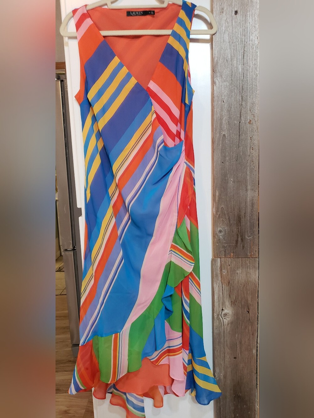 Lauren Ralph Lauren Multicolor Georgette Faux Wrap Chiffon Ruffle Hem Size 12